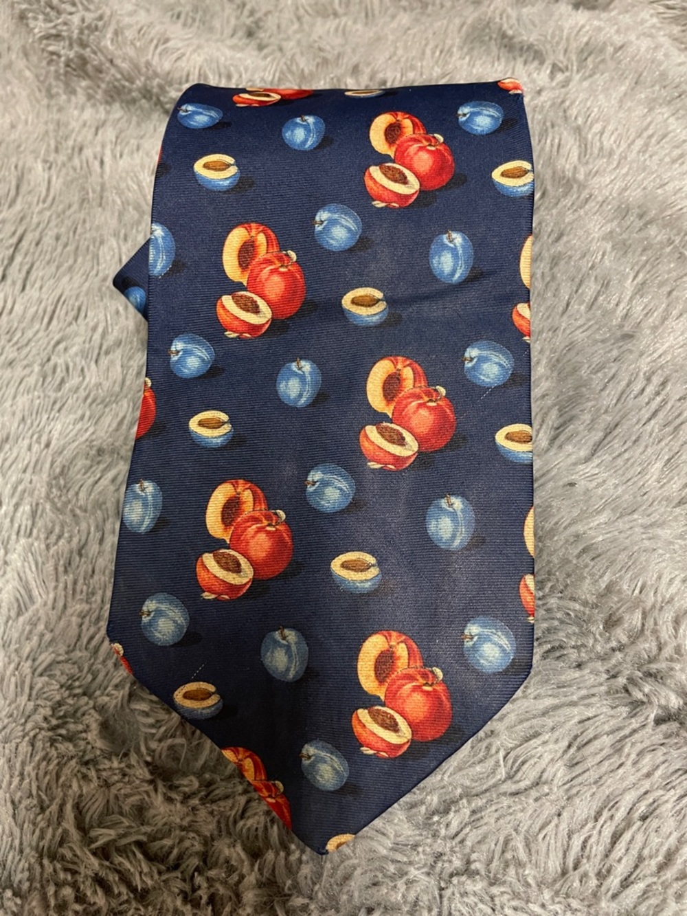 Nicola ferri 100% silk Navy Tie with Peach and Blueberry Fruit Print